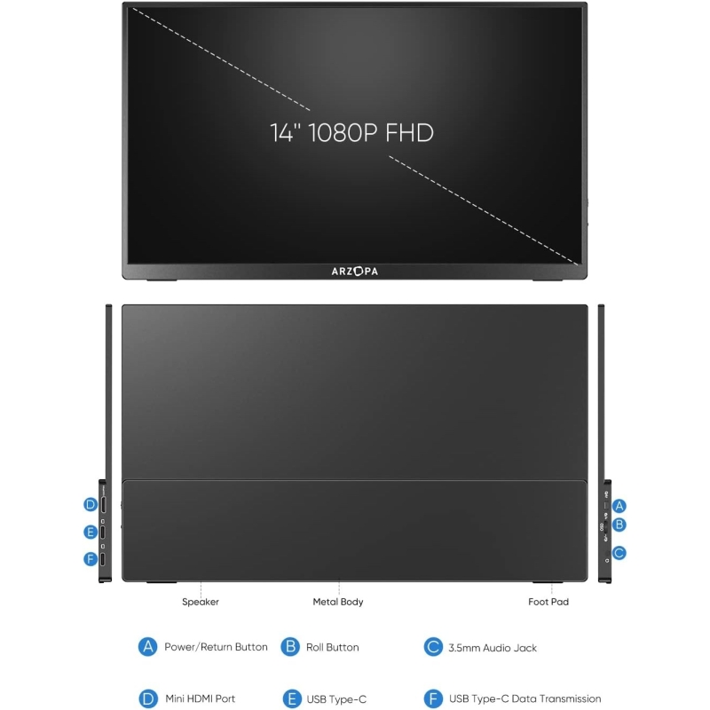 MONITOR PORTÁTIL ARZOPA A1 GAMUT SLIM DE 14" FHD IPS CON HDMI USB-C PARA PC MAC XBOX PS4 PS5
