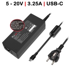 CARREGADOR MULTIVOLTAGEM USB-C PARA PORTATIL 5V-20V 3.25A 65W PRETO