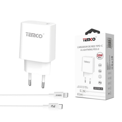PACK CARGADOR USB-C PD20W + CABLE LIGHTNING 3A 1M BLANCO