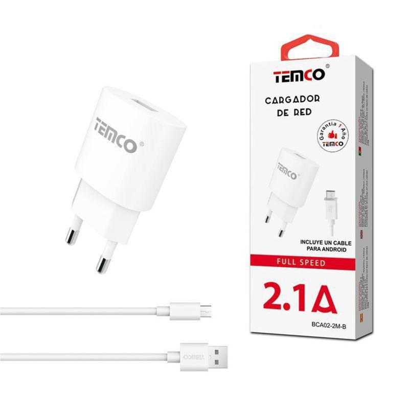 PACK CARGADOR USB 2.1A + CABLE MICRO USB 2A 1M BLANCO