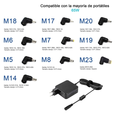 CARGADOR UNIVERSAL PARA PORTÁTILES 9.5-20V 65W 9 TIPS