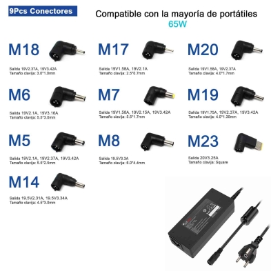 CARICABATTERIA UNIVERSALE PER COMPUTER PORTATILE 9.5-20V 65W 9 PUNTE