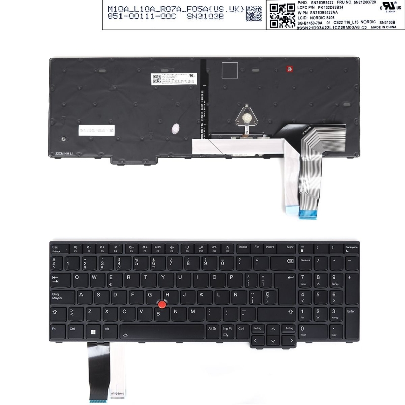 Tastiera LENOVO L15 GEN3 T16 P16S GEN1 retroilluminata, tasti neri fra...