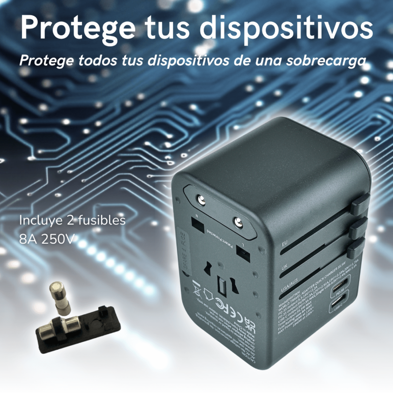 ADAPTADOR ENCHUFE UNIVERSAL 35.5W PD CARGA RÁPIDA. DE VIAJE 3 USB + 2 USB-C