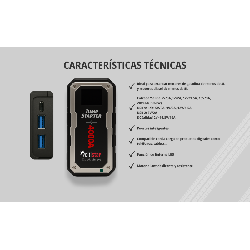Arrancador De Coche 20000Mah Inteligente hasta 8L gasolina y 5L diesel