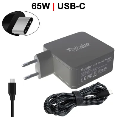 CARGADOR MULTIVOLTAJE USB-C PARA PORTÁTIL 5V-20V 3.25A 65W NEGRO CABLE TRENZADO