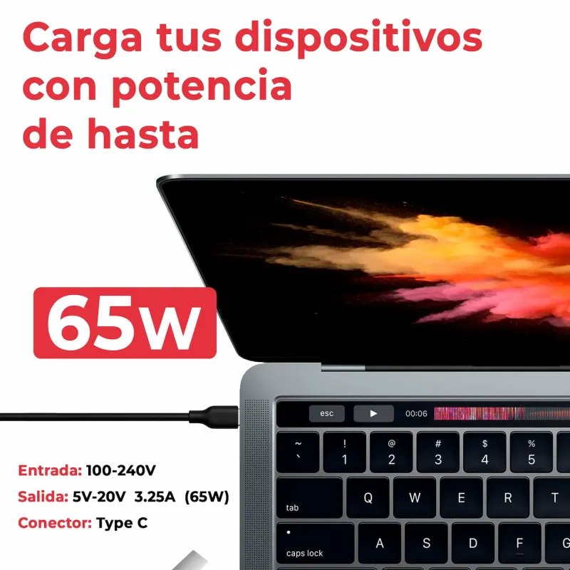 CARGADOR MULTIVOLTAJE USB TIPO-C USB-C 5V-3A 5.2V-2.4A 9V-3A 12V-3A 14.5V-2A 15V-3A 20V-3.25A 20.3V-3A 65W