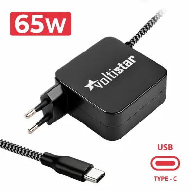 CARICABATTERIE USB-C MULTITENSIONE PER COMPUTER PORTATILE 5V-20V 3.25A 65W NERO CAVO INTRECCIATO
