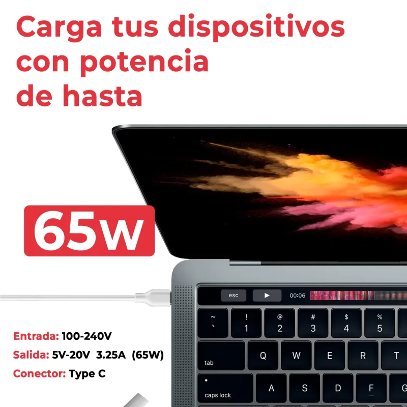 CARICATORE USB TIPO C USB-C 65W 5V/2,4A 9V/3A 12V/3A 15V/3A 18V/3A 20V/2,25A 20,3V/3A 65W