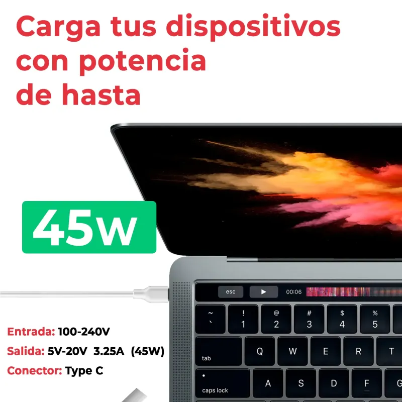 CARGADOR MULTIVOLTAJE USB-C PARA PORTÁTIL 5V-20V 2.25A 45W BLANCO