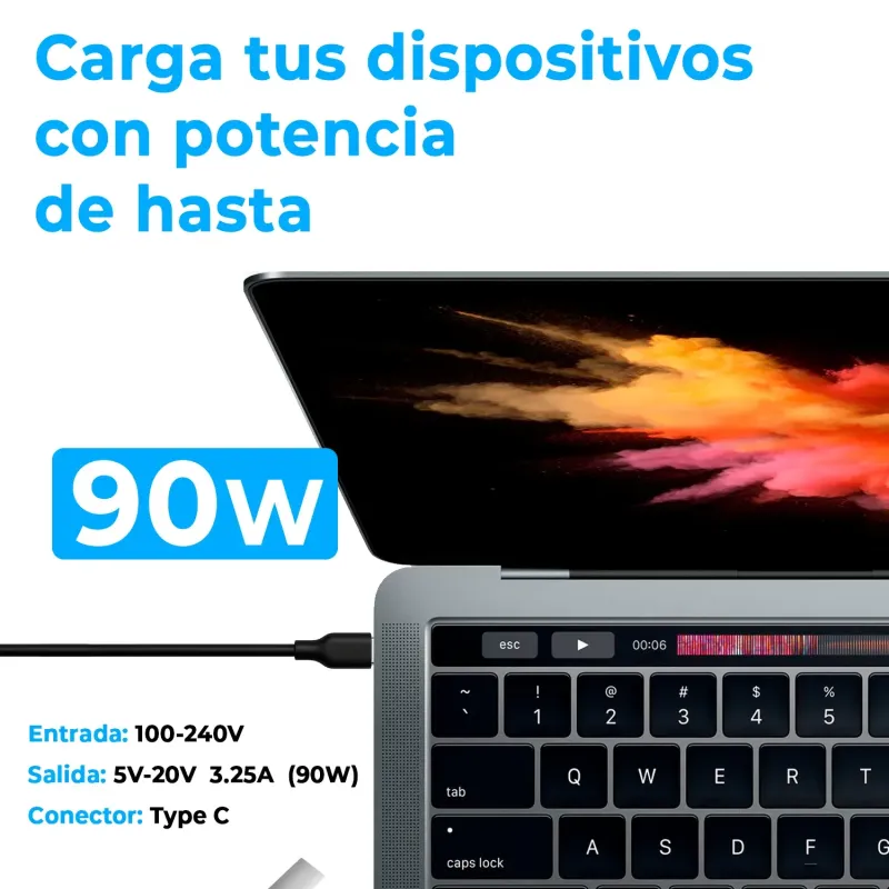 CARGADOR USB TIPO-C USB-C 90W 5V-3A 5.2V-2.4A 9V-3A 12V-3A 15V-3A 20V-4.5A 20.3V-4.3A