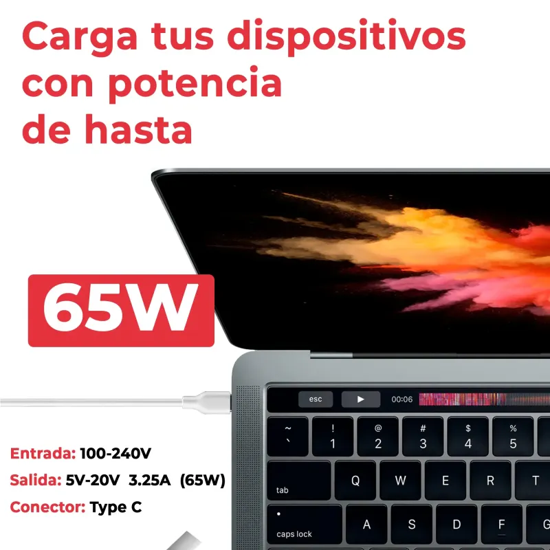CARGADOR USB TIPO C USB-C 65W 5V/2.4A 9V/3A 12V/3A 15V/3A 18V/3A 20V/2.25A 20.3V/3A 65W