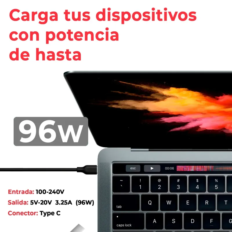 CARGADOR PARA PORTÁTIL APPLE MACBOOK USB-C 96W NEGRO