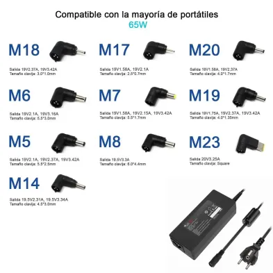 CARGADOR UNIVERSAL PARA PORTÁTILES 15-20V 65W 10 TIPS