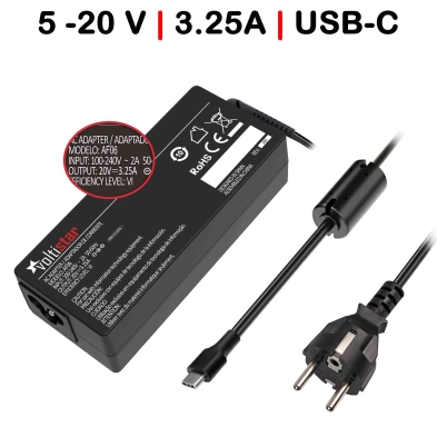 CARICABATTERIE MULTITENSIONE USB-C PER COMPUTER PORTATILE 5V-20V 3.25A 65W NERO