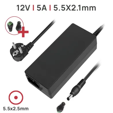 CARICABATTERIA PER MONITOR TFT 12V 5A 60W + CONNETTORE ADATTO PER STRISCE LED