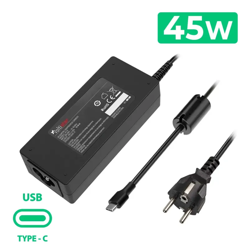 CARICABATTERIE USB-C MULTITENSIONE PER COMPUTER PORTATILE 5V-20V 2.25A 45W NERO