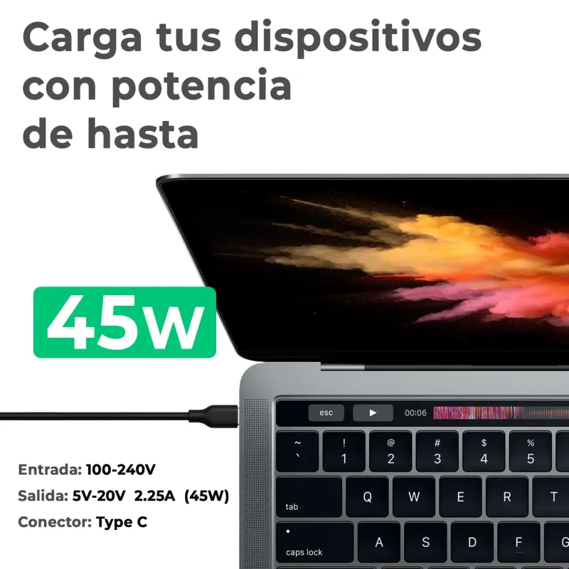 CARICABATTERIE USB-C MULTITENSIONE PER COMPUTER PORTATILE 5V-20V 2.25A 45W NERO