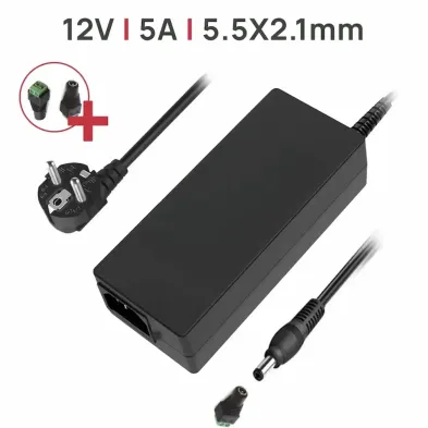 CARICABATTERIA PER MONITOR TFT 12V 5A 60W + CONNETTORE ADATTO PER STRISCE LED