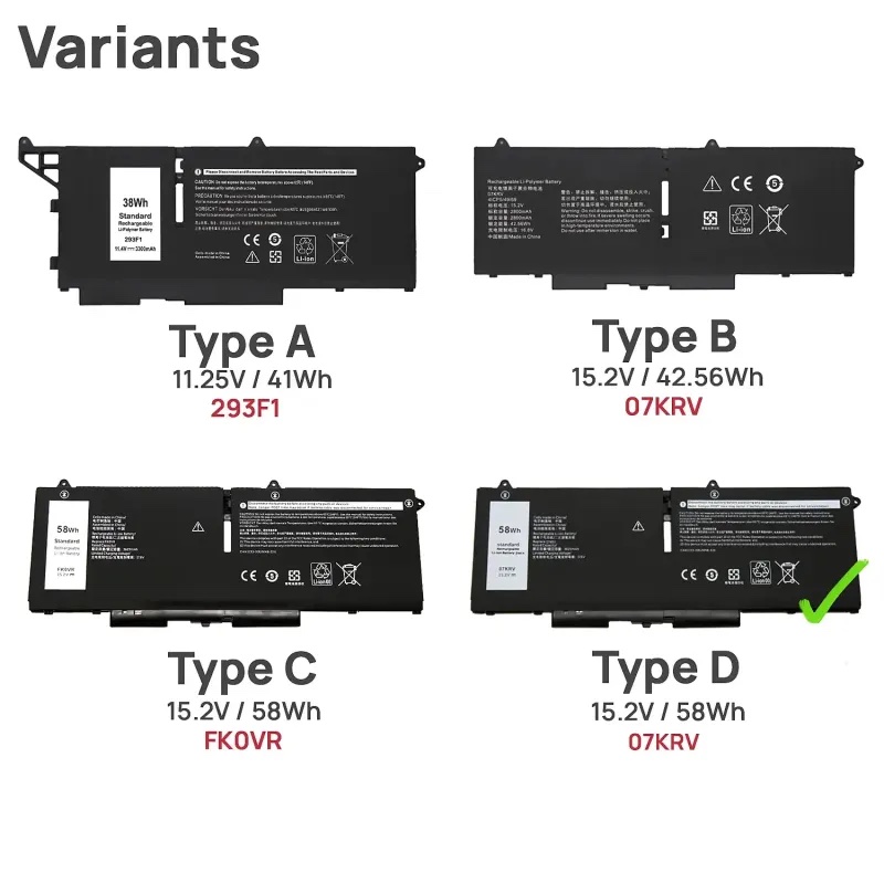 BATTERIE POUR ORDINATEUR PORTABLE DELL LATITUDE 14 7430 7330 5430 5330 15.2 V 58 WH 07KRV