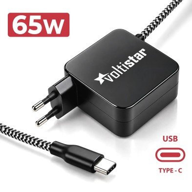 Carregador multivoltagem USB-C 5V-20V 2.25A 65W Preto Cabo Entrançado