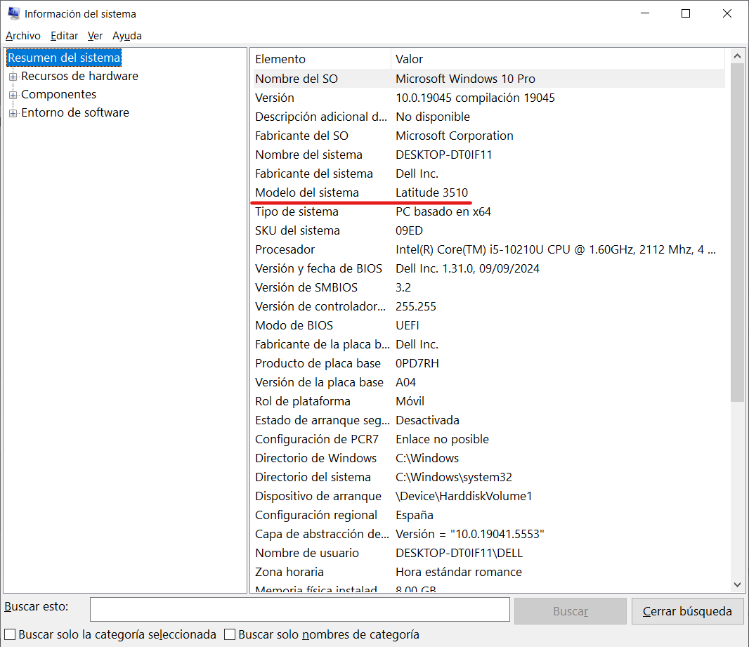 Información del sistema en Windows