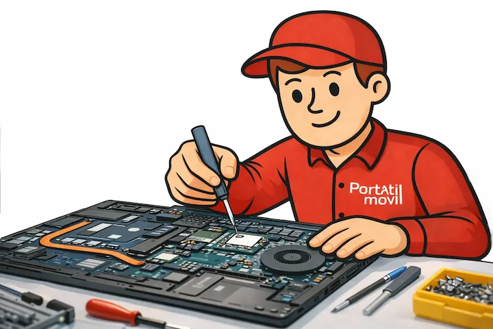 técnico reparando placa-mãe de portátil em oficina