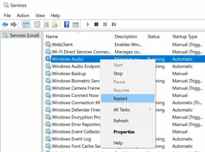 Riavviare servizio audio in Windows