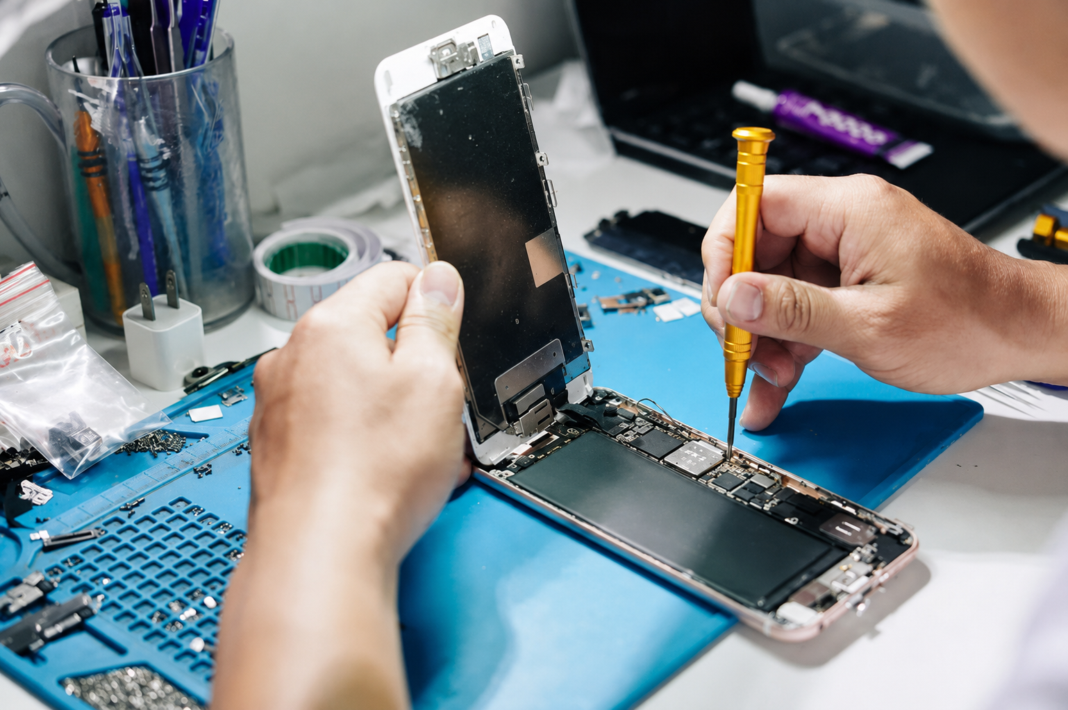 Técnico reparando la pantalla de un móvil en el taller de Portatilmovil en Sevilla